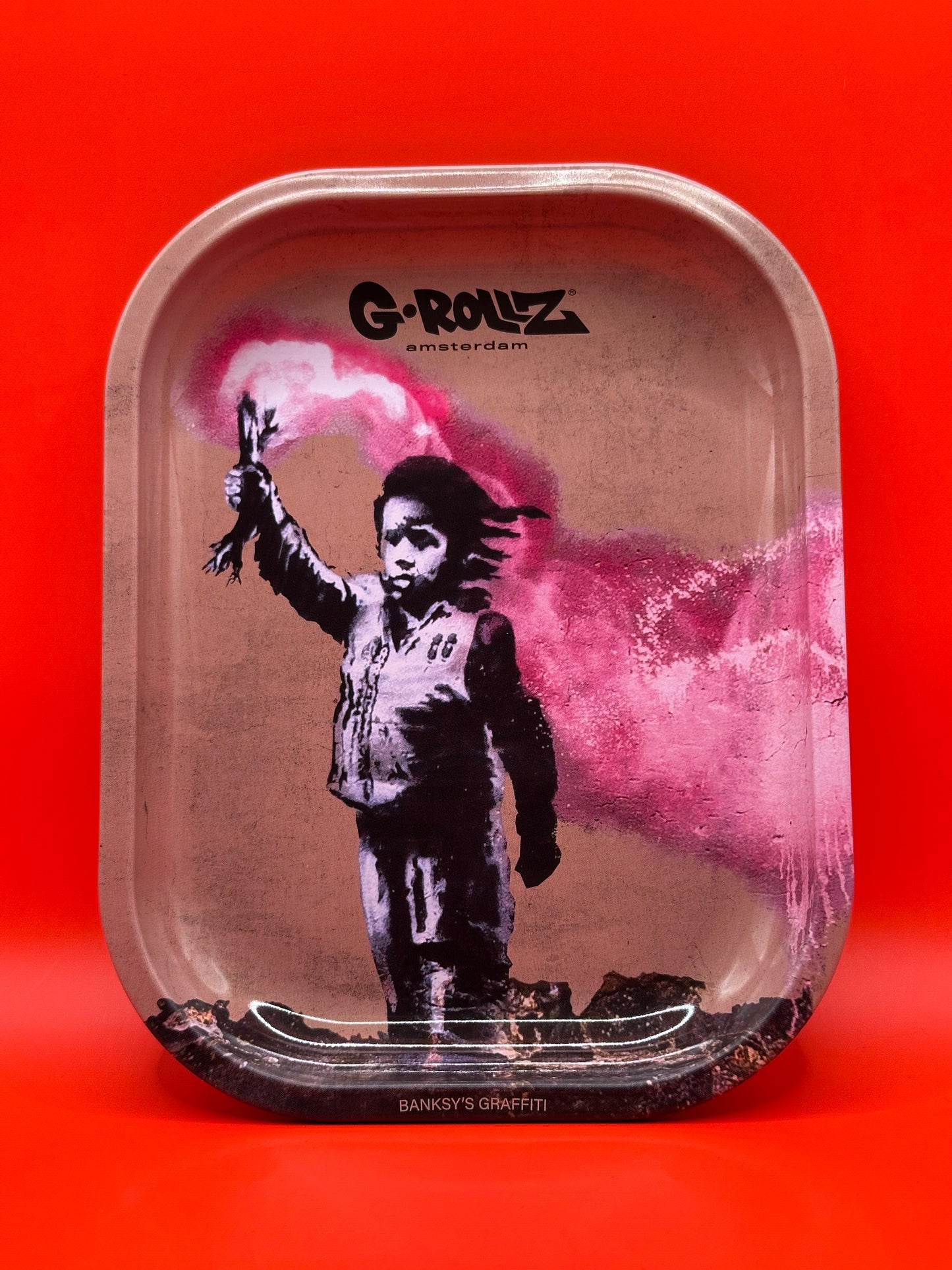 Stylish design, smoking tray, Banksy art, metal, 18 x 14cm