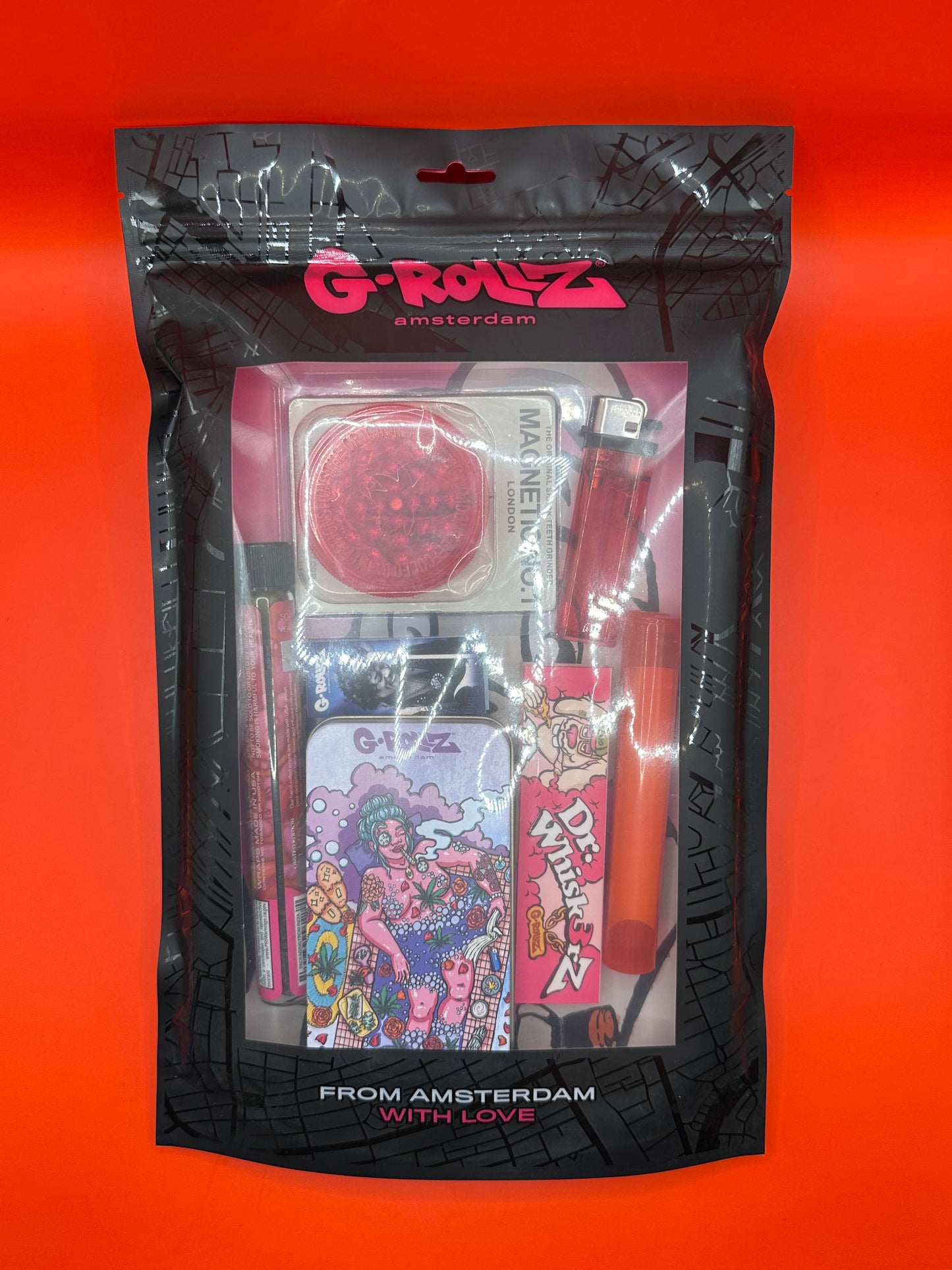 Mixed bundle, grinder, cigarette tin, lighter, roach cards, papers, blunt cones