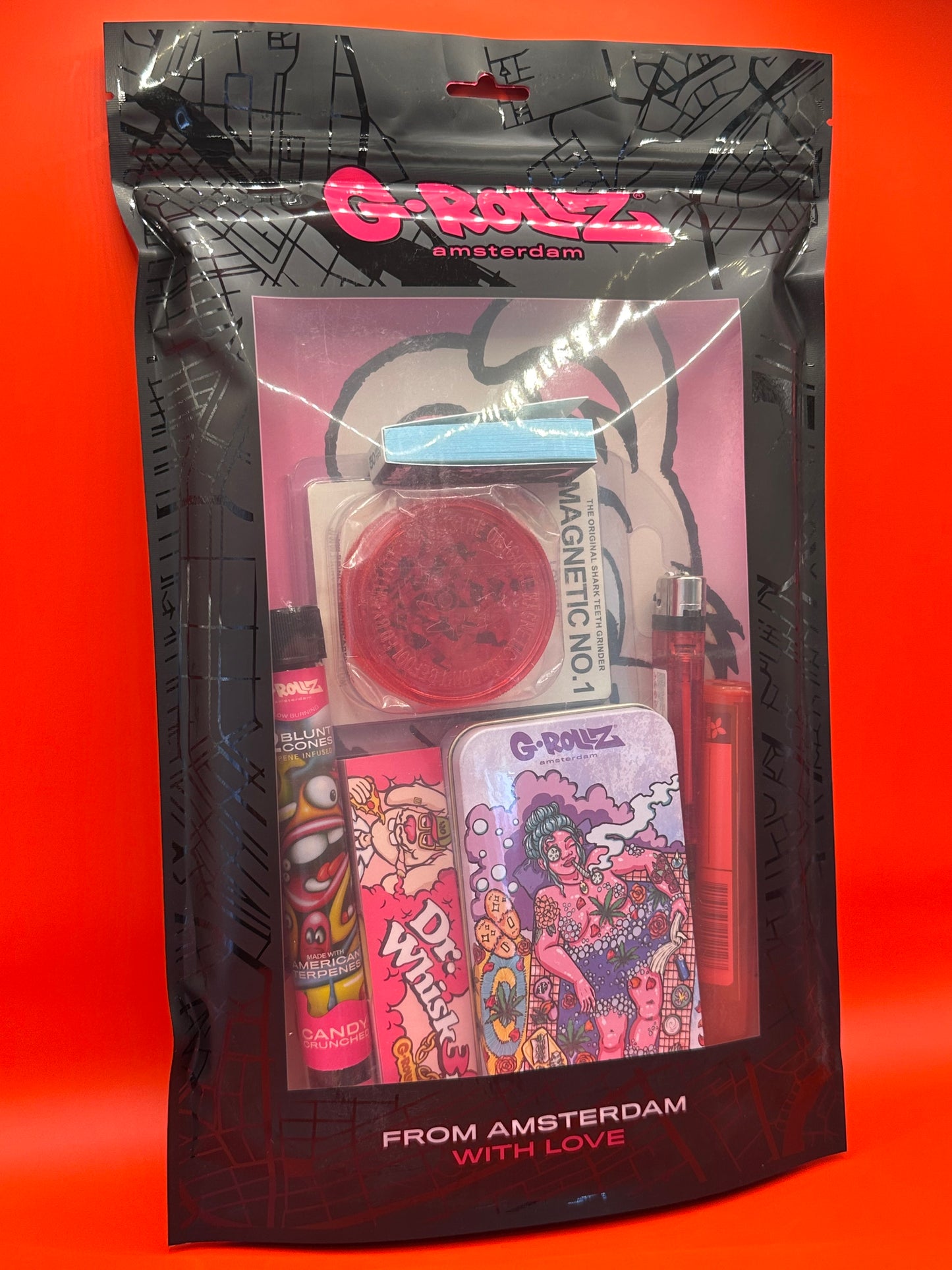 Mixed bundle, grinder, cigarette tin, lighter, roach cards, papers, blunt cones