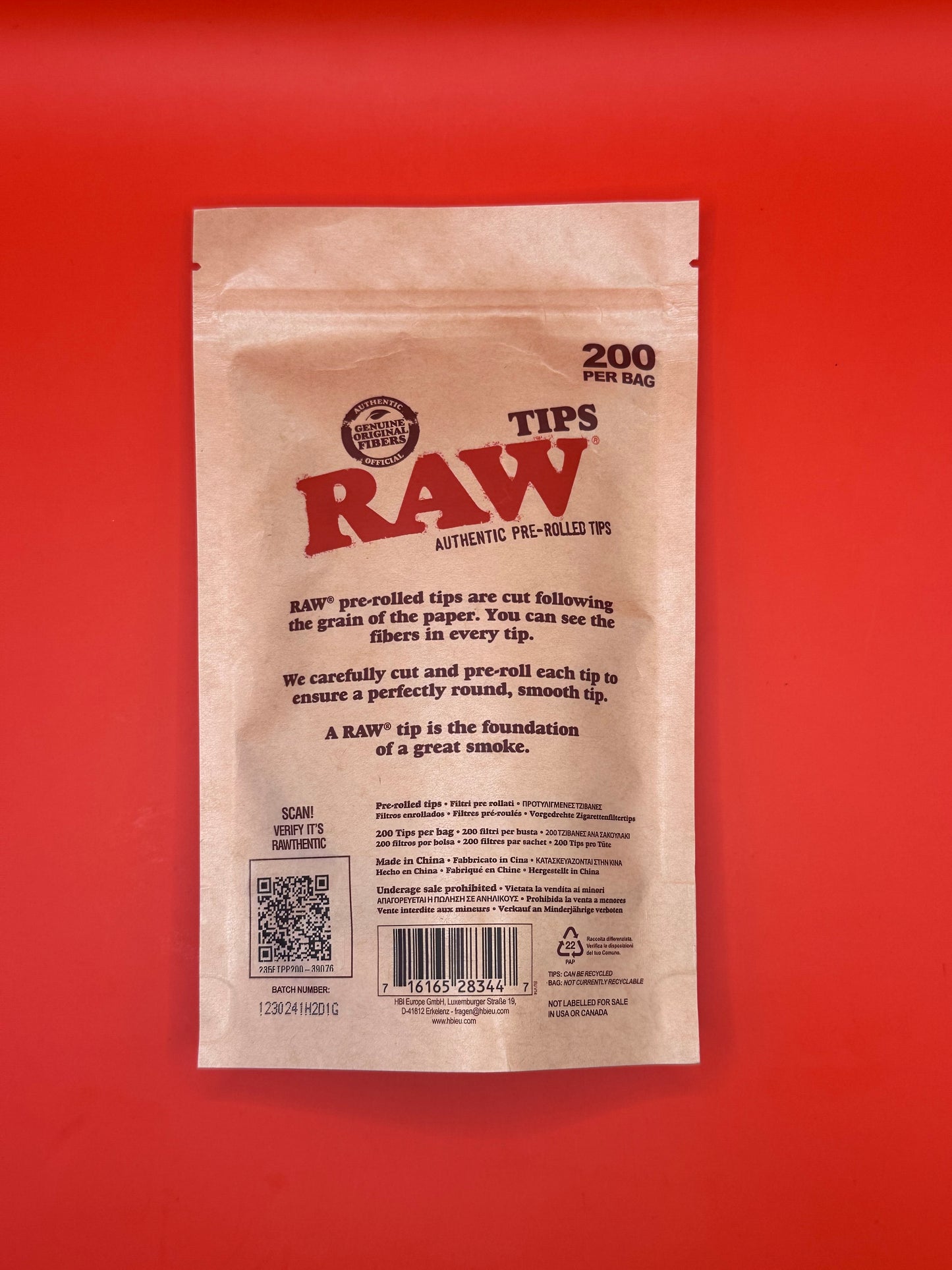 Pre-rolled tips, authentic raw rolling tips, bag of 200 tips