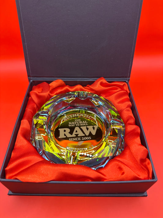 Multicolour, mirrored glass, with gift case, lined fabric bottom, 11.5 cm x 11.5 cm x 2.5 cm, smoking accessories, ashtrays