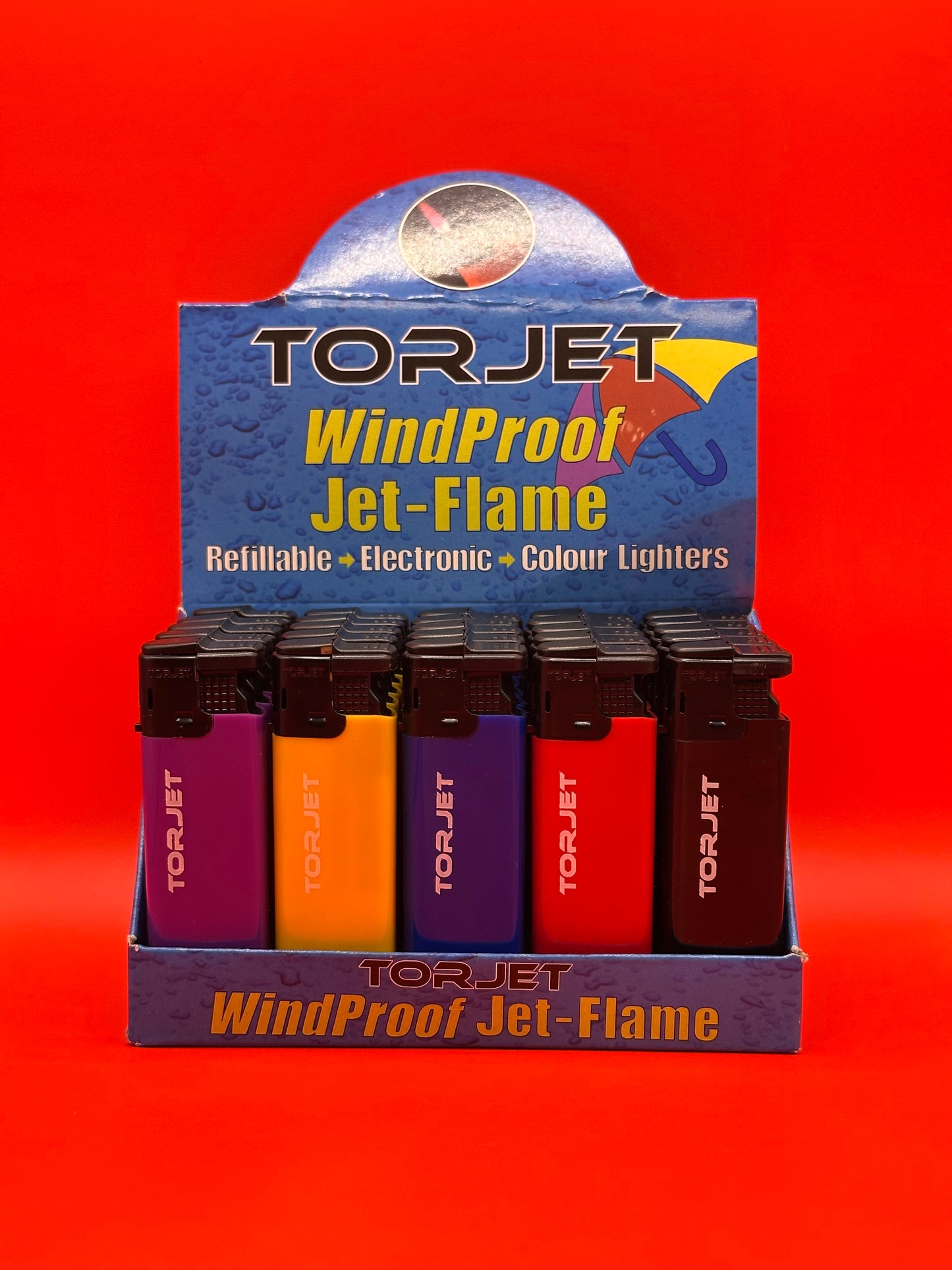 Refillable, plastic, jet lighter, assorted colours