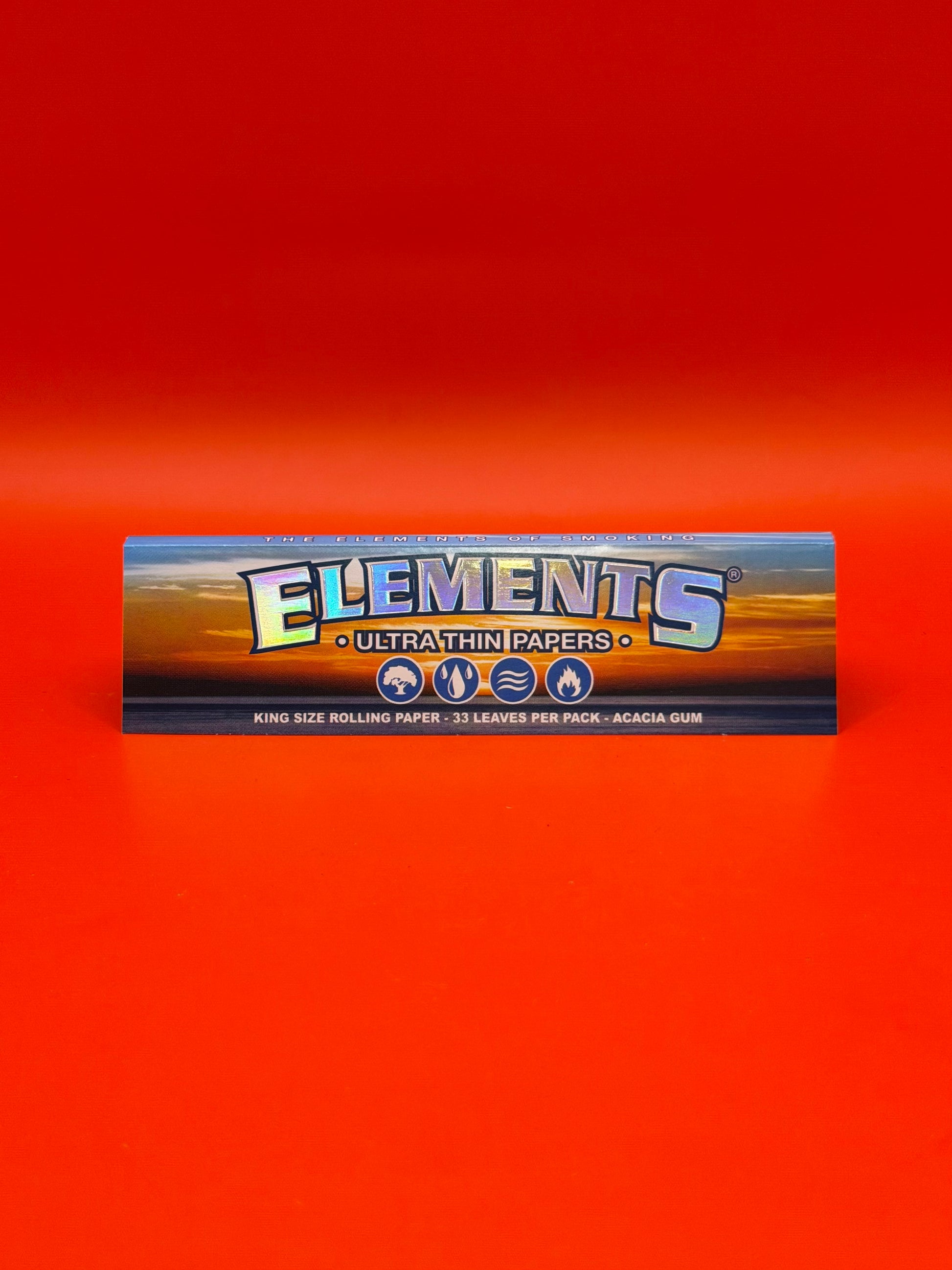King Size Wide, 33 Leaves per pack, 100% Natural Rice Paper with Acacia tree sap gumline, vegan and natural. Shop Elements Rolling Papers UK now.
