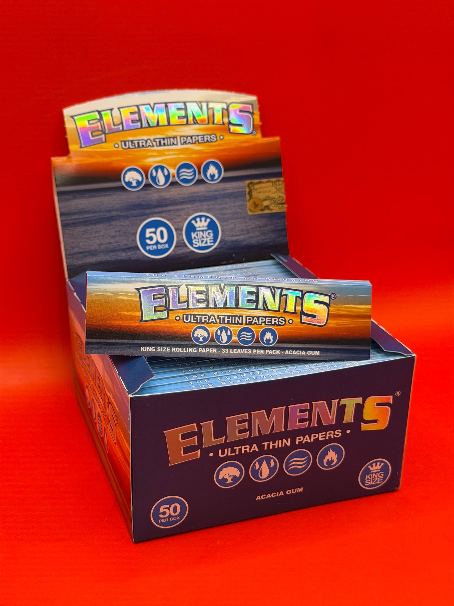 King Size Wide, 33 Leaves per pack, 100% Natural Rice Paper with Acacia tree sap gumline, vegan and natural. Shop Elements Rolling Papers UK now.