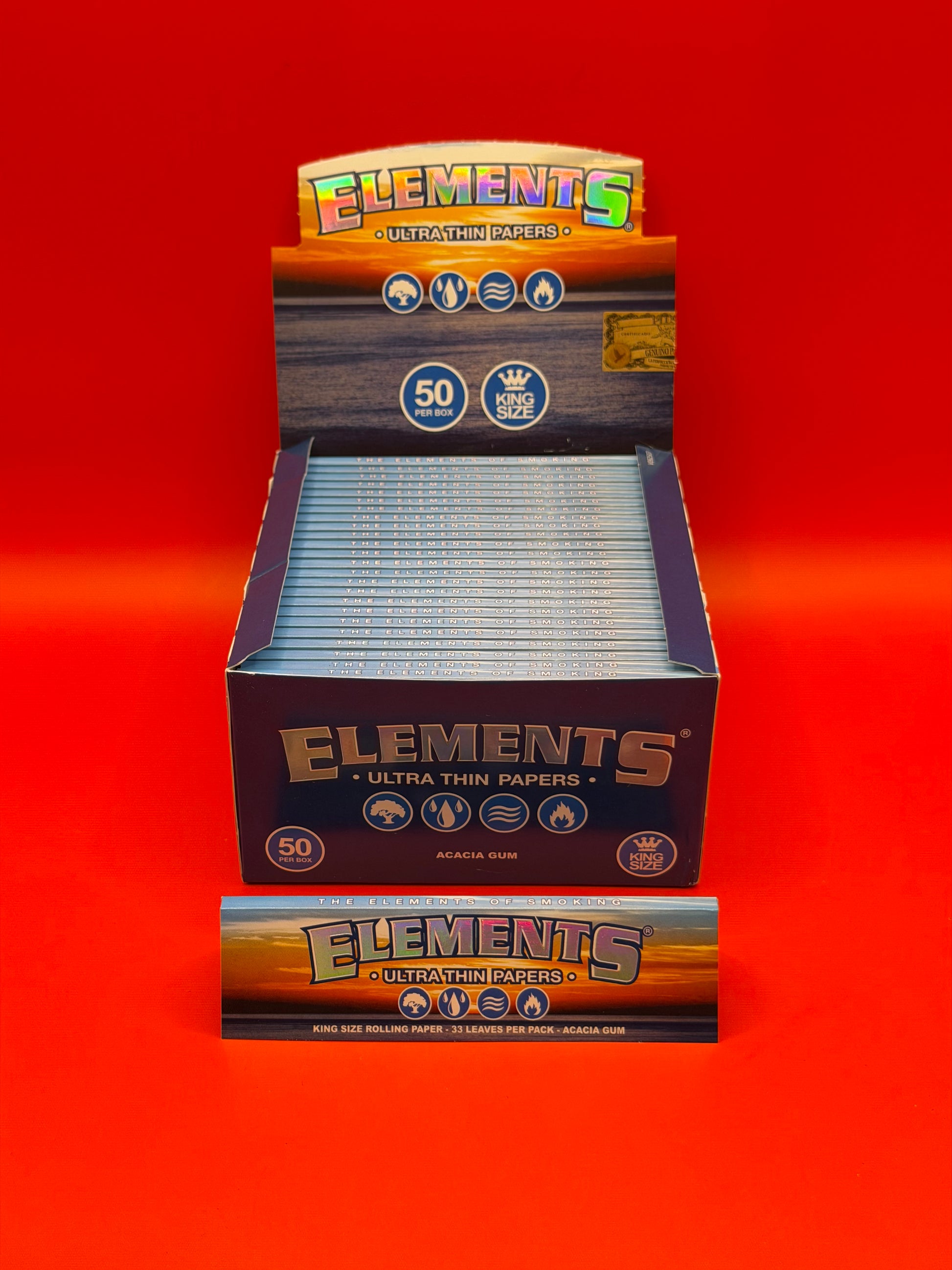 King Size Wide, 33 Leaves per pack, 100% Natural Rice Paper with Acacia tree sap gumline, vegan and natural. Shop Elements Rolling Papers UK now.