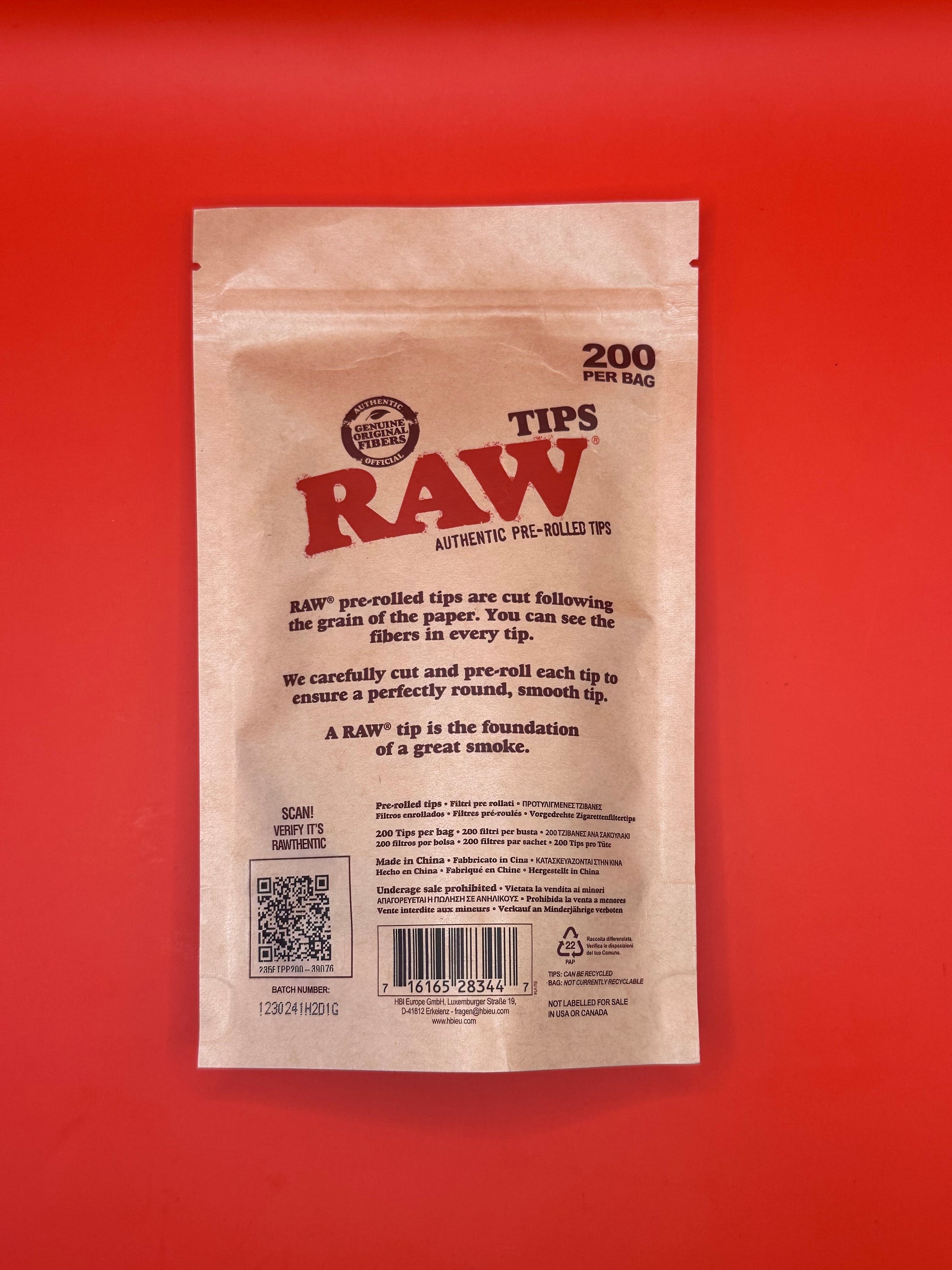Pre-rolled tips, authentic raw rolling tips, bag of 200 tips